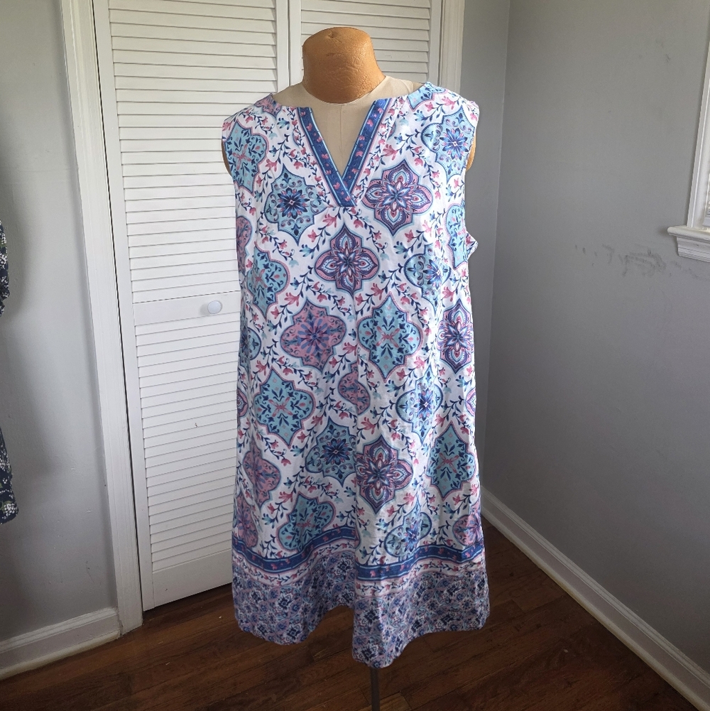Jessica Howard 16W Boho Floral Geometric Cotton Blend Shift Dress